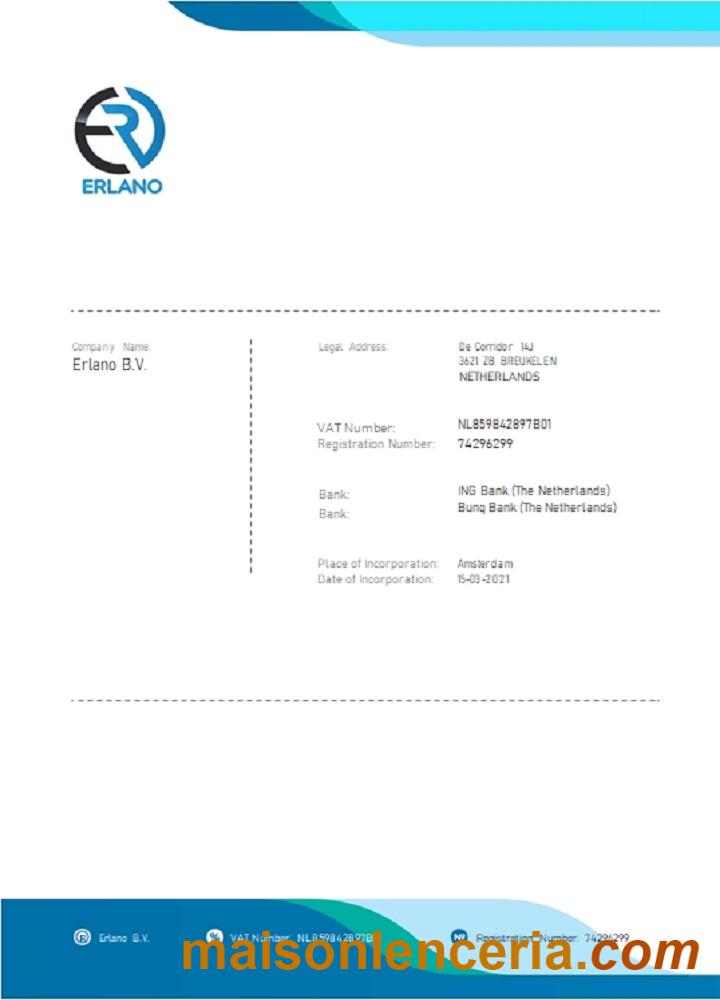 Netherlands ERLANO B. V. company payment tekst faktury i szablon PDF